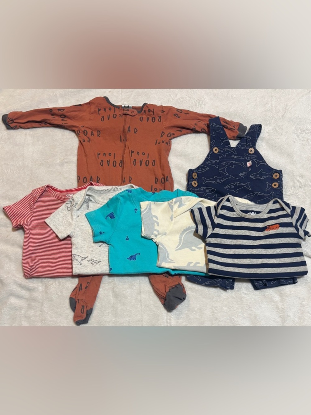 7pc 6-9 Month Baby Boy Bundle Carter’s Overalls Sleeper Dino Shark